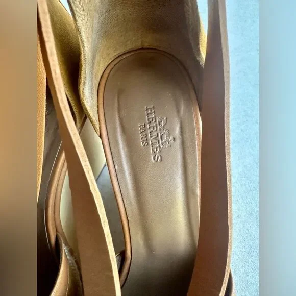 Hermes Tan Suede and Leather Wooden Wedge Ibiza Sandals size 38 - Picture 8 of 15